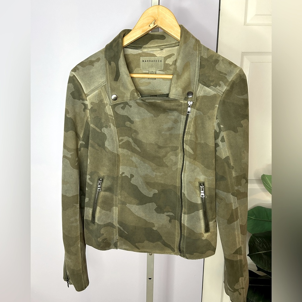 Anthropologie Marrakech Camo Sueded Moto Jacket Faux Suede Green Medium